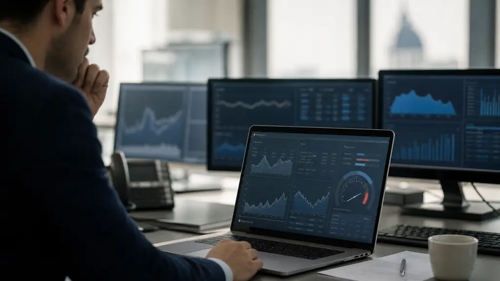 Editorial photograph of an institutional trading desk beside a laptop displaying a simulated evaluation dashboard with a drawdown gauge, no visible text or logos
