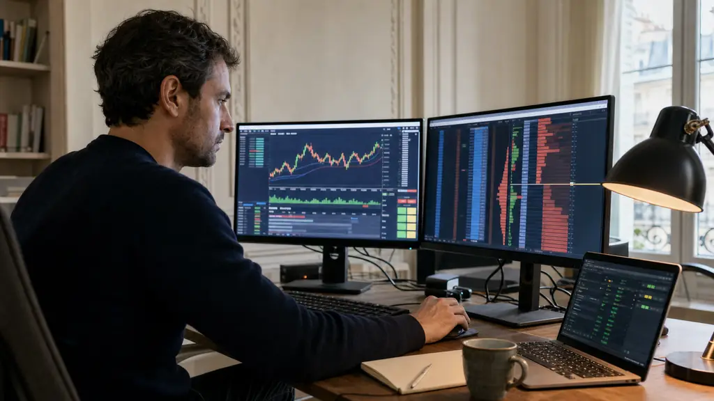 Editorial photograph of a trader comparing a simulated account dashboard with a futures order book on NinjaTrader and a Rithmic connection window, no visible text or logos