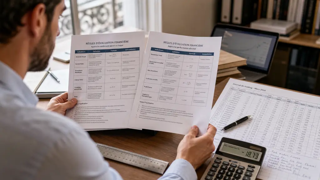 trader comparing two evaluation rule sheets beside a dated spreadsheet, with drawdown calculations visible on a calculator