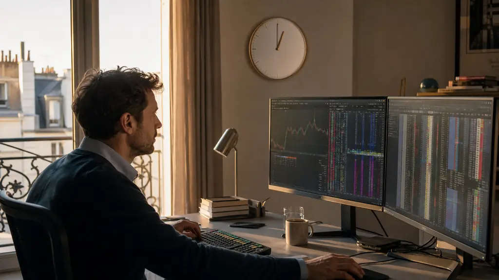 editorial photograph of a futures trader closing a position at a dual-monitor workstation, with a market depth ladder visible and a wall clock marking the session cutoff, no text or logos