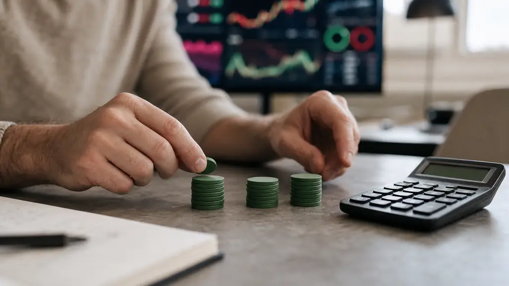 close-up editorial photograph of a trader dividing green profit tokens into three daily piles beside a calculator and a blurred trading dashboard, no text, no logo