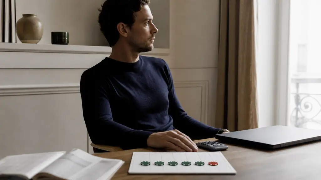 editorial photograph of a trader stopping a session beside a calculator, five green daily result tokens and one red token arranged on a handwritten journal grid, trading laptop closed, no text, no logo