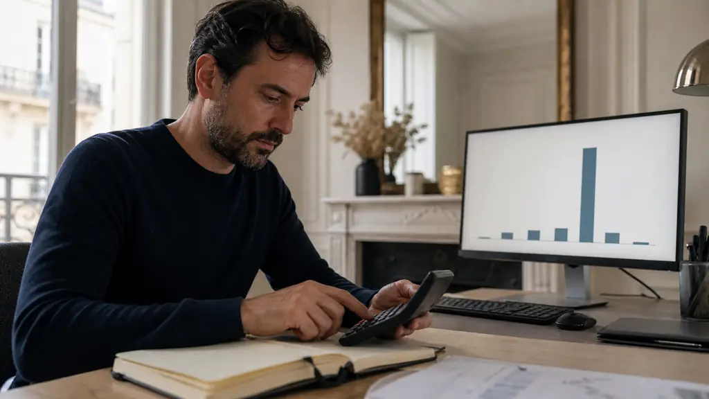editorial photograph of a trader using a handheld calculator beside a trading journal, with a monitor showing one dominant profit bar among several smaller bars, no text, no logo