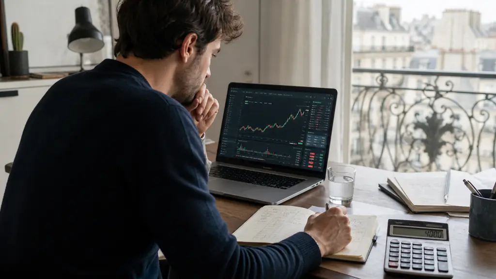 editorial photograph of a trader reviewing a 50K account dashboard beside a calculator displaying 4000 and a notebook containing daily profit columns, no text, no logo