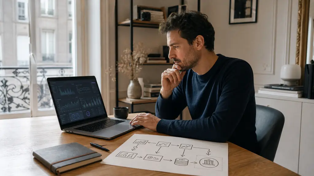 Editorial photograph of an independent trader reviewing a paid challenge dashboard on a laptop beside a paper flowchart showing simulated orders and company-owned capital, no visible text or logos