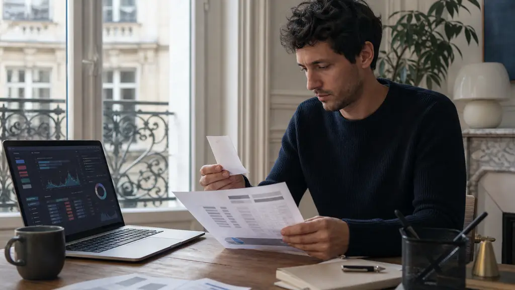 Editorial photograph of an independent trader comparing a simulated trading dashboard on a laptop, a challenge entry payment receipt and a payout calculation sheet, no visible text or logos