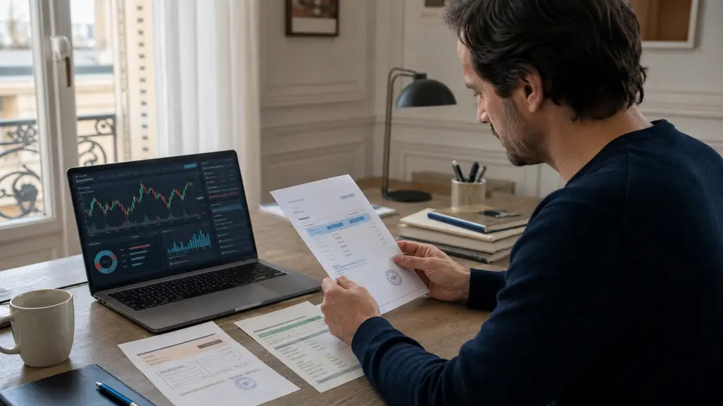 Editorial photograph of a trader comparing a simulated trading dashboard on a laptop, a challenge fee receipt and a separate broker deposit statement on a desk, no visible text or logos