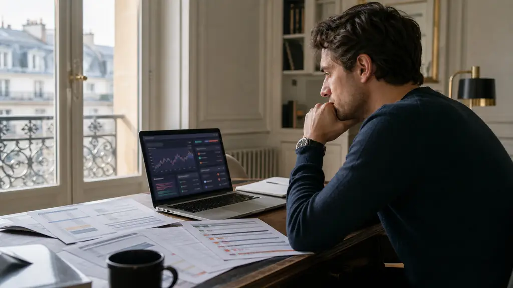 Editorial photograph of a trader inspecting a simulated account dashboard beside printed payout terms and a drawdown violation log, no visible text or logos