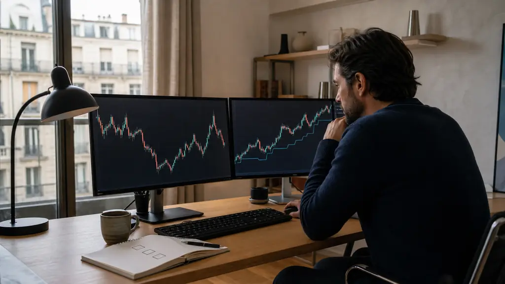 A focused retail trader comparing a forex candlestick chart on one monitor with a futures chart and trailing risk line on another, beside a notebook showing three evaluation checkboxes, editorial photography, no text, no logos