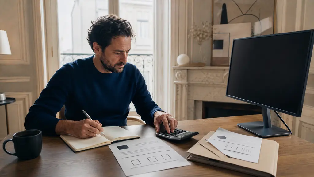 A retail trader calculating position size beside a written daily loss limit and three consecutive-loss checkboxes, with a trading platform closed on the monitor, editorial photography, no text, no logos