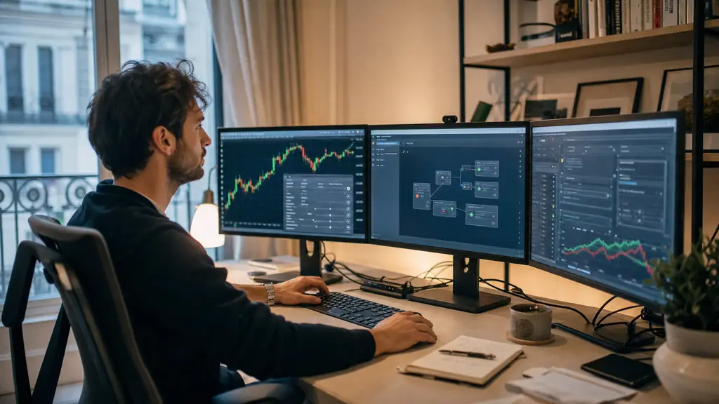 A trader at a desk comparing three screens, one showing a MetaTrader chart with an EA settings window, one showing a no-code automation flow with webhook blocks, and one showing a semi-automatic risk panel calculating stop loss and position size, realistic editorial photo, no text, no logo