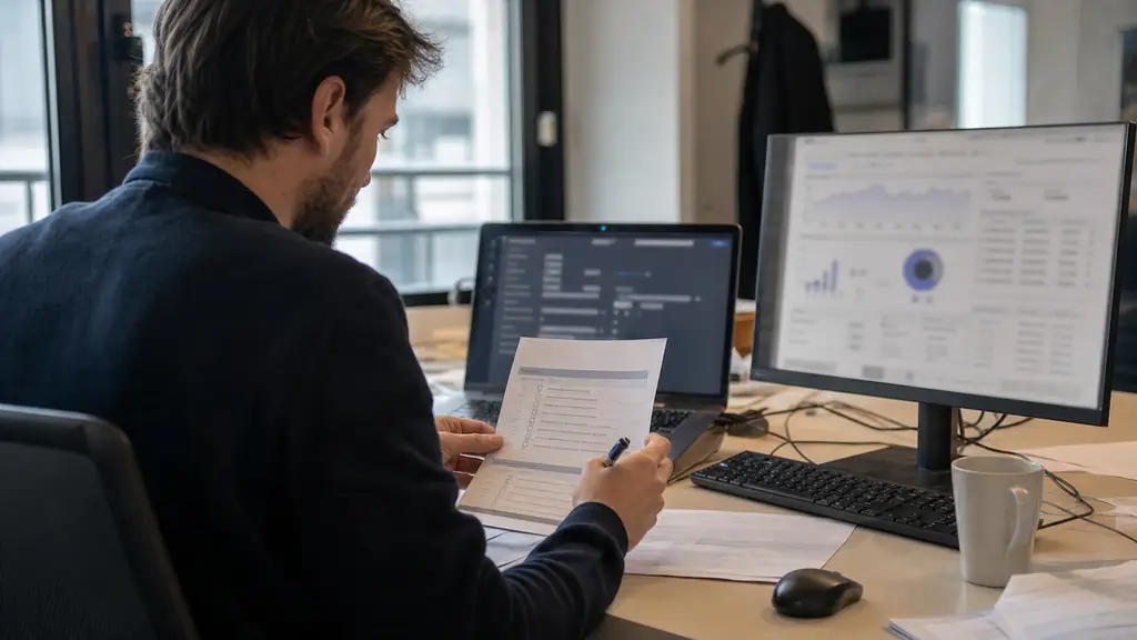 editorial photo of a trader reviewing a printed prop firm checklist beside a laptop, one screen showing EA settings with stop loss and max daily loss fields, another showing a verified performance statement dashboard, realistic office desk, no text, no logo