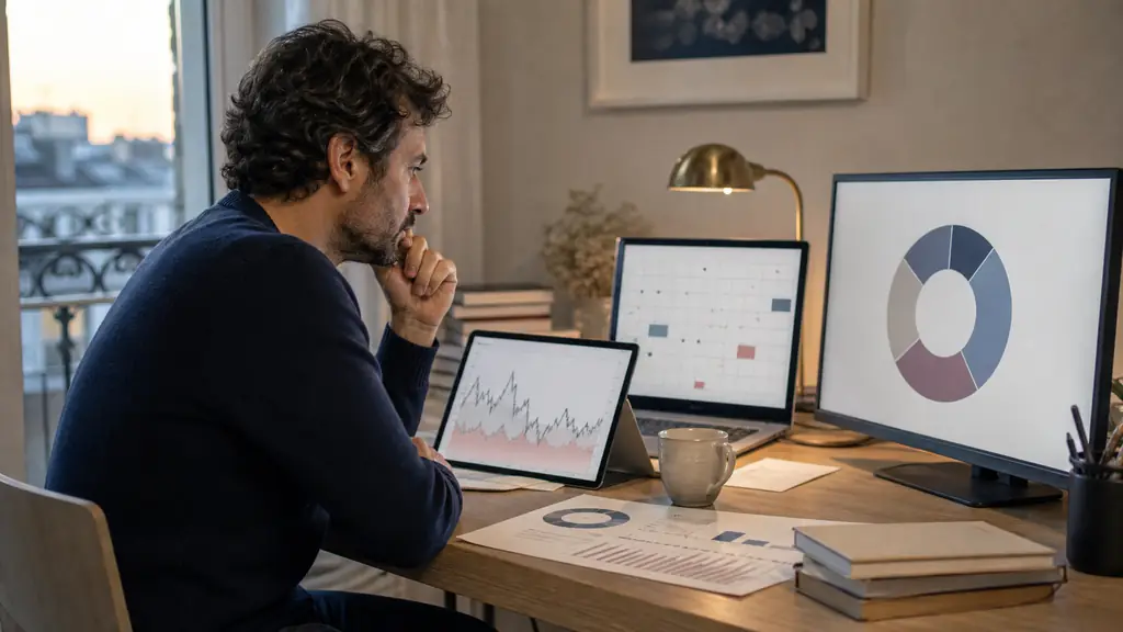 French retail investor at a home desk comparing an ETF recurring investment calendar, a PEA allocation chart and a CFD risk graph on unbranded screens, natural evening light, editorial photography, no text, no logo
