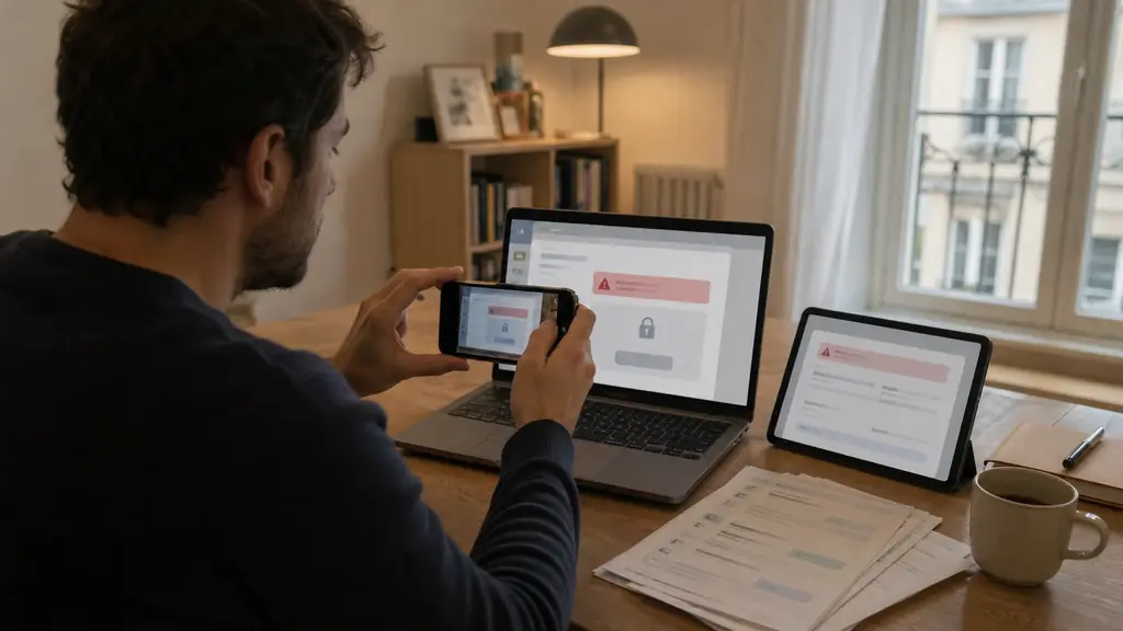 Worried retail trader photographing a withdrawal-blocked account screen beside a suspicious tax payment request and saved support emails, editorial photography, no text, no logo