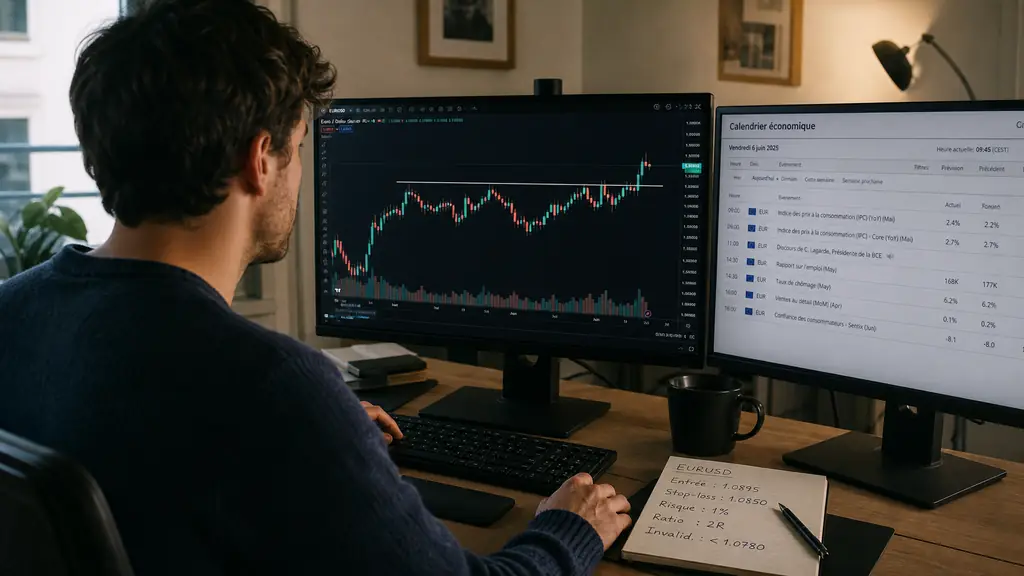 Day trader watching a breakout above a resistance level on one monitor, with an economic calendar and handwritten stop-loss plan beside the keyboard