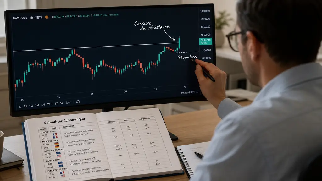 Trader marking a DAX resistance breakout on a chart, with a handwritten stop-loss level and an economic calendar open beside the monitor