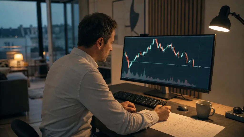 Part-time trader reviewing a daily candlestick chart after work, handwritten risk plan beside the keyboard, stop-loss level marked on the screen, editorial photography, no text, no logo