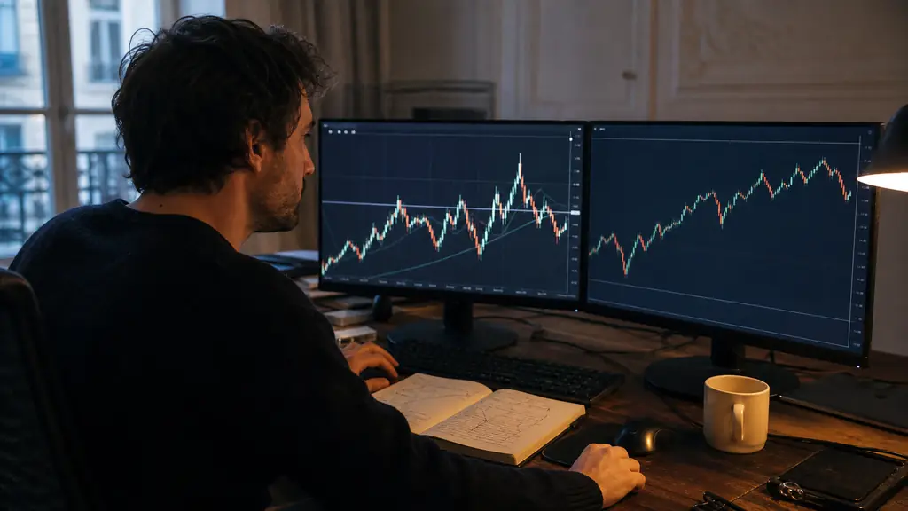 Trader comparing a one-minute EUR/USD chart and a daily S&P 500 trend chart, handwritten stop-loss and overnight risk notes beside the screens, editorial photography, no text, no logo
