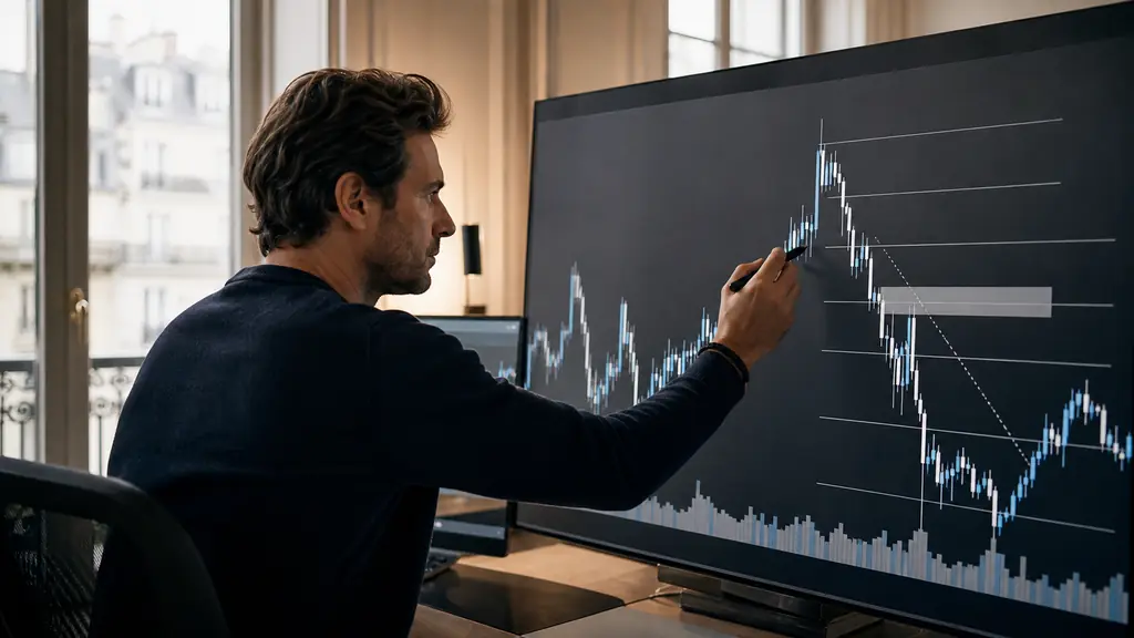 Editorial photograph of a trader drawing a Fibonacci retracement on a candlestick chart showing a liquidity sweep above a swing high and a visible price imbalance, no text, no logo