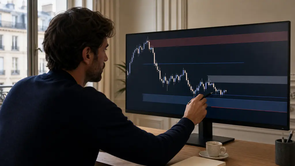 Editorial photograph of a trader marking the Asian session range and opposing liquidity pools on a candlestick chart, with a stop-loss level placed below a Fair Value Gap retest, no text, no logo