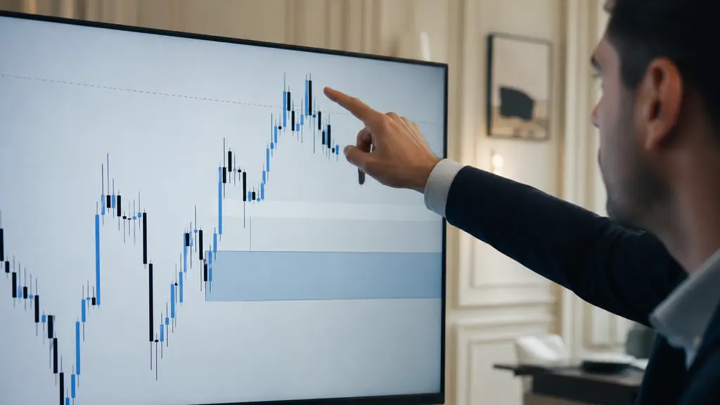 close-up of a trader pointing at a price chart showing a swept swing high, a highlighted order block zone and an unfilled price gap, no text or logos