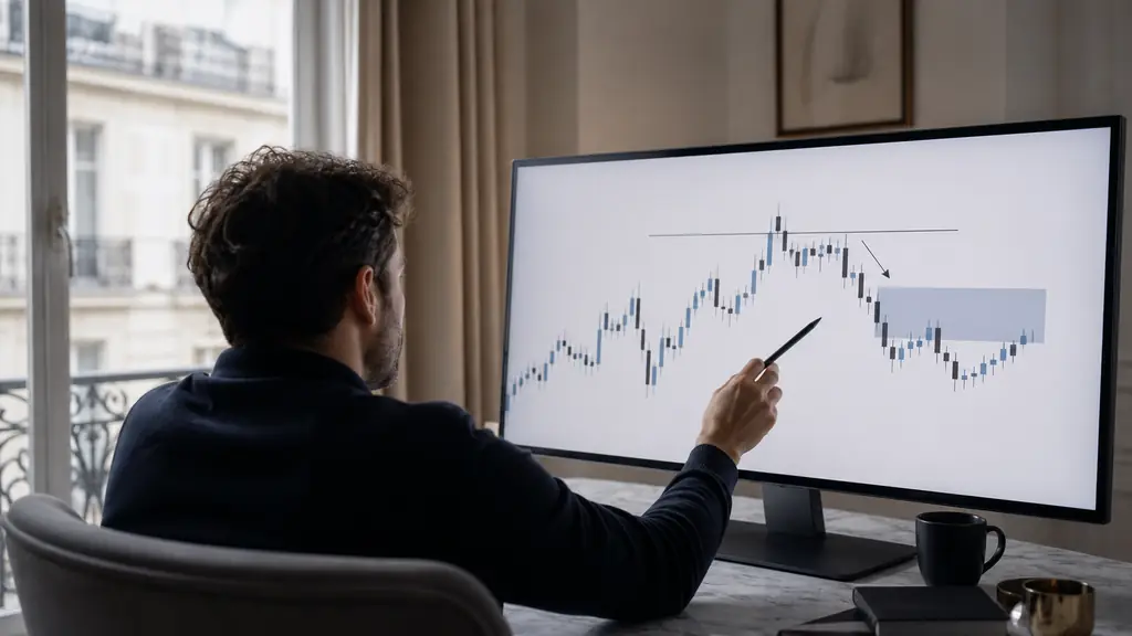over-the-shoulder photograph of a trader marking a swept previous-day high, a market structure break and a fair value gap retracement zone on a price chart, no text or logos
