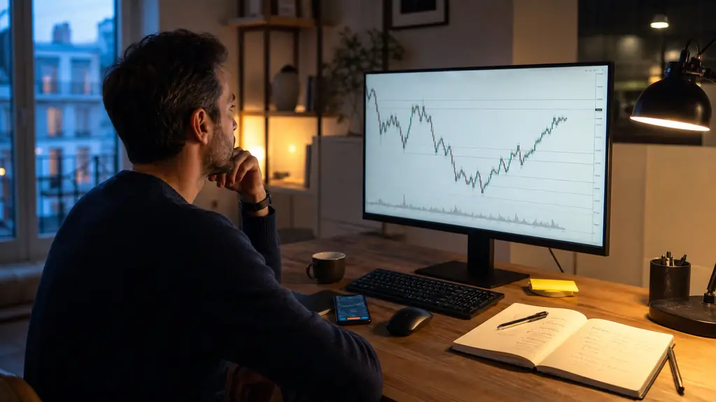 salaried trader reviewing a daily chart after work, smartphone price alert beside a notebook showing stop-loss and take-profit levels, evening home office