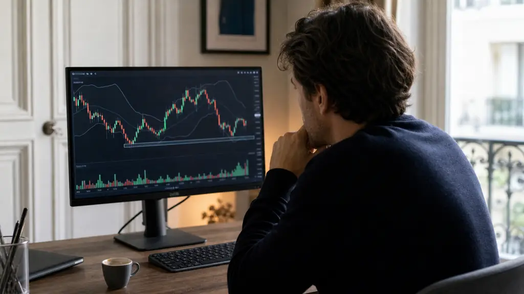 swing trader examining a daily candlestick chart with a marked support zone, Bollinger Bands and a rising volume histogram on a desktop monitor