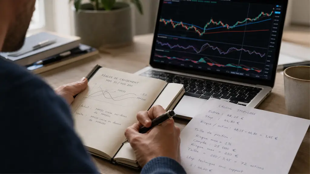 Close-up editorial photograph of a trader sketching 50-day and 200-day moving-average crossover rules beside RSI and MACD charts on a laptop, with a handwritten stop-loss calculation visible, no text overlays or logos