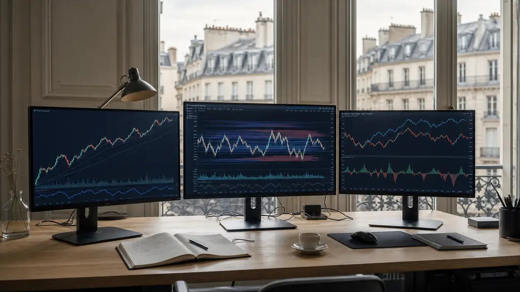 Editorial photograph of a trading desk displaying a directional momentum chart, a range-bound grid with accumulated positions, and a paired-assets spread chart, no text overlays or logos