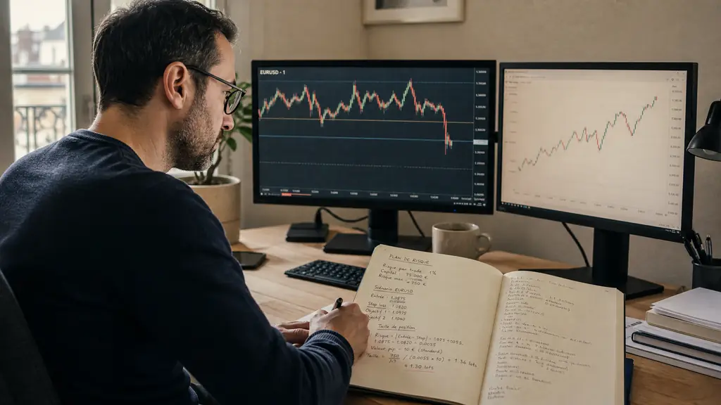 trader monitoring a one-minute EUR/USD chart beside a daily index chart, with a handwritten risk plan and stop-loss levels on the desk