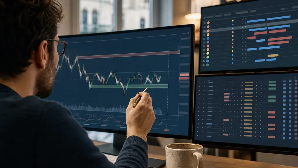 close-up of a trader marking support and resistance around a price range while an economic calendar and pending grid orders appear on adjacent screens, no text or logos