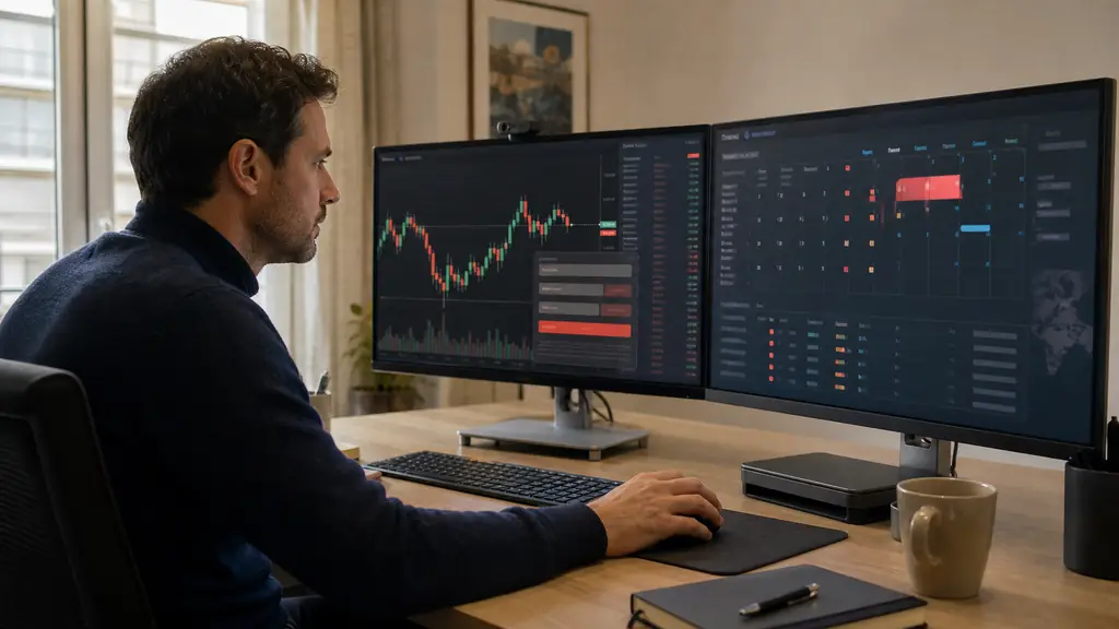 A focused trader monitoring a one-minute gold candlestick chart beside an economic calendar marked for an employment release, with a stop loss order ticket open, editorial photography, no readable text, no logos