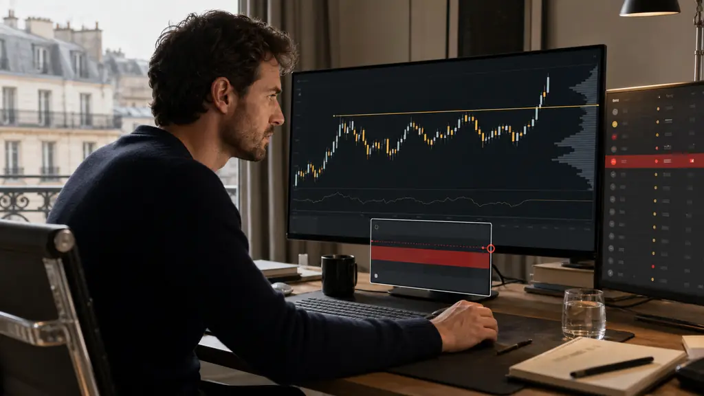 A trader watching a gold chart break through a marked resistance level while an economic calendar highlights an employment release and a stop loss order is prepared, editorial photography, no readable text, no logos