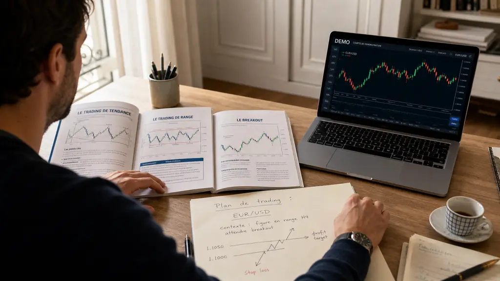 A retail trader comparing three printed trading guides beside a laptop displaying a Forex demo chart, with handwritten stop loss and profit target notes on a trading plan