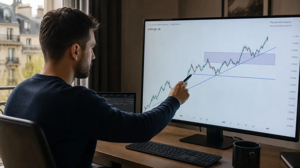 A trader marking an ascending trendline and a support level on a Forex demo chart, with a neutral zone highlighted and no order open