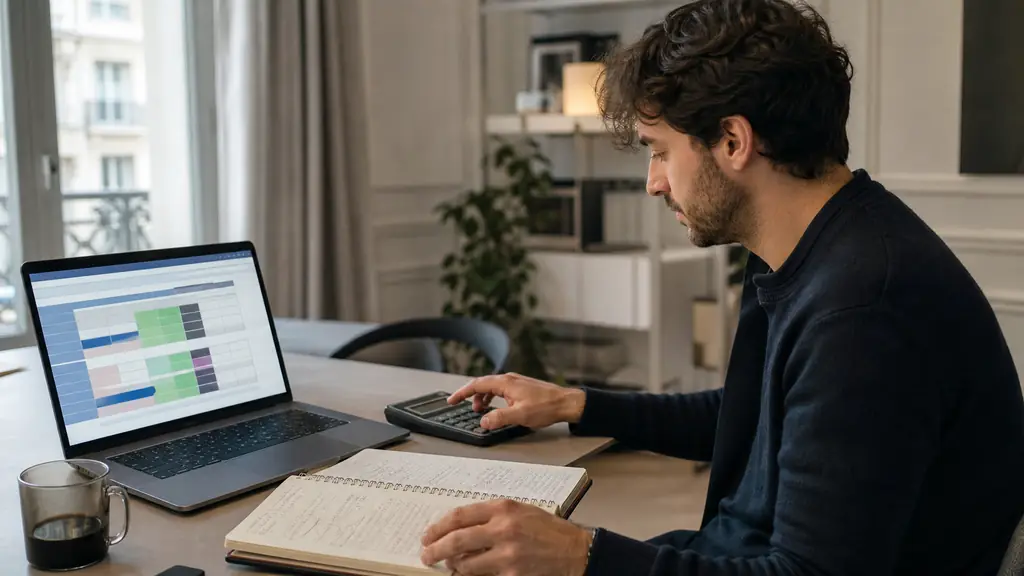 A trader at a desk comparing a challenge criteria table on a laptop, using a calculator beside an open risk management notebook, no visible text or logos