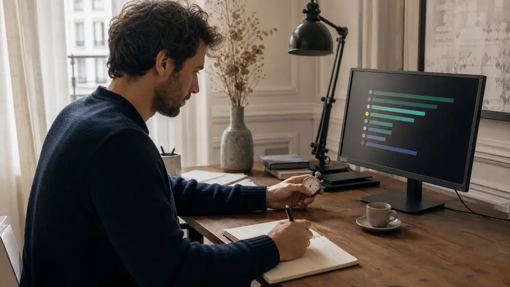 A trader monitoring a competition ranking chart on one screen while setting a stopwatch and writing a personal maximum-loss limit in a risk notebook, no visible text or logos