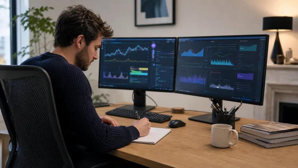 Editorial documentary photo of a retail futures trader comparing two prop firm dashboards on dual monitors, taking notes at a clean desk, realistic indoor lighting, no text, no logo