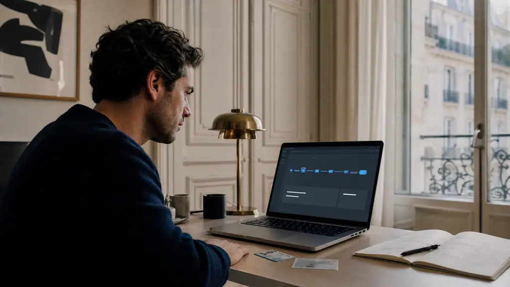 Editorial photograph of a trader checking a withdrawal tracker on a laptop beside an expired identity document and the original deposit card, with a notebook recording a payment reference, no visible text or logos