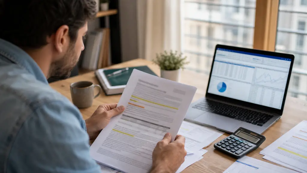 A trader at a desk reviewing printed broker terms with highlighted overnight fees and swap-free clauses, a calculator beside a laptop showing a risk management spreadsheet, close-up editorial photography, no text or logo