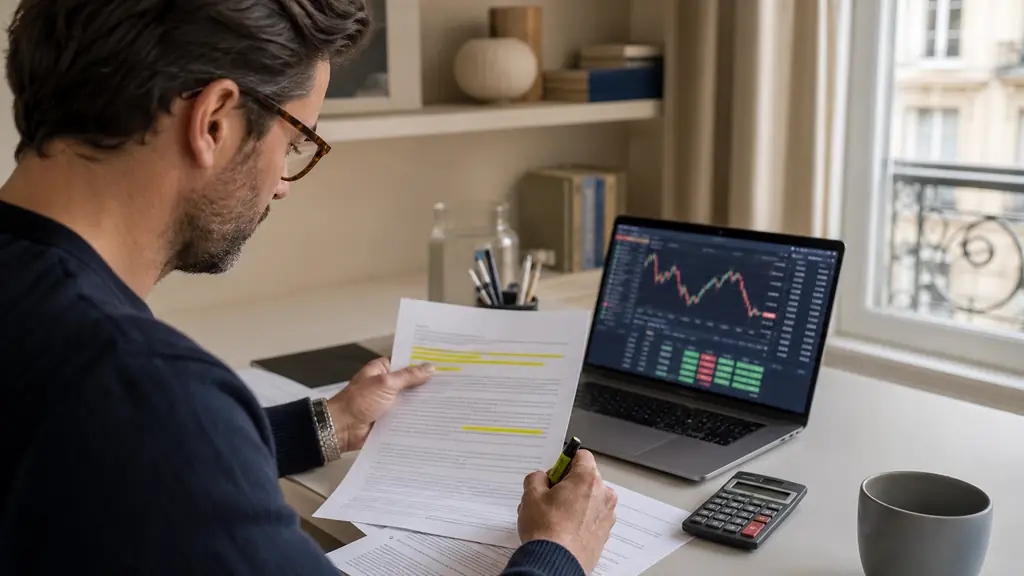 A trader highlighting 'swap-free' and overnight fee clauses on printed broker terms, with a laptop showing a CFD trading interface and a calculator on the desk, editorial photography, no text or logo