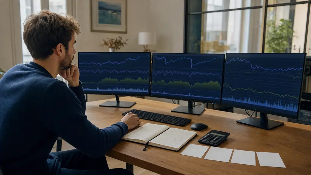 A part-time forex trader at a home desk comparing three monitors with abstract account equity curves, a calculator beside a risk management notebook, and four blank monthly calendar cards arranged near the keyboard, editorial photography, no readable text, no logos