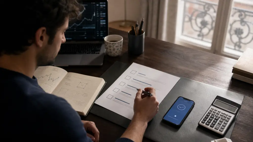 A part-time trader checking a printed five-step checklist beside a risk management notebook, a calculator showing position sizing, and a phone displaying an abstract payout confirmation, editorial photography, no readable text, no logos