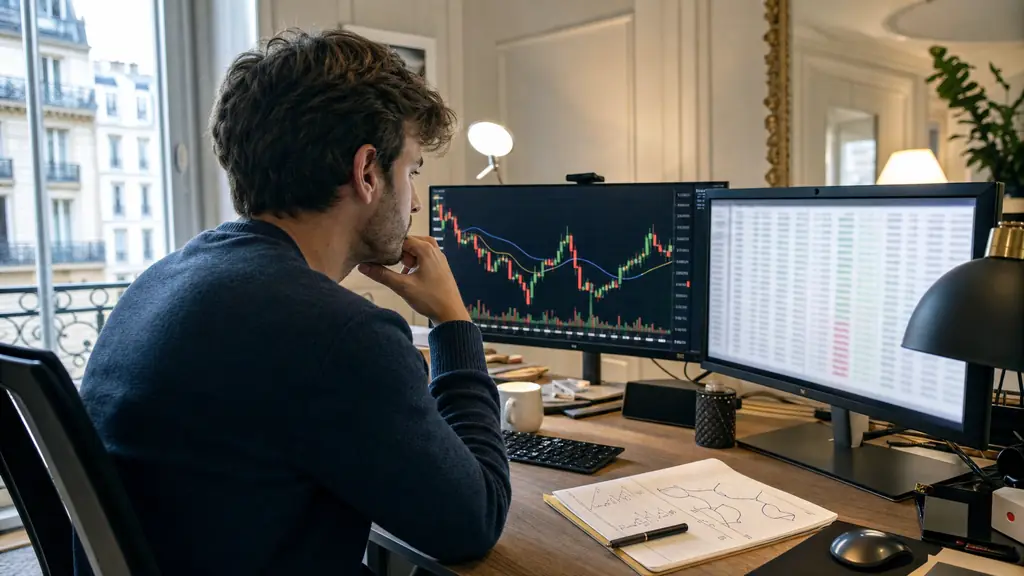 A trader at a desk comparing a candlestick chart and a spreadsheet backtest on dual monitors, with a handwritten note showing moving average 50, stop loss, and slippage assumptions, editorial photo, no text or logo
