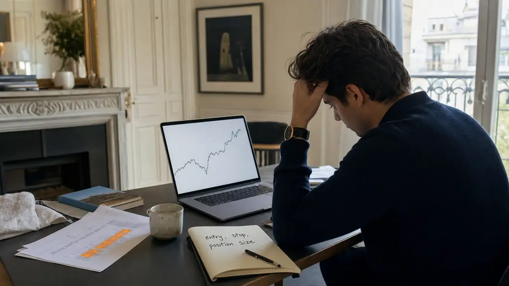 Editorial photo of a home trader after work, seated at a desk with a laptop showing a simple backtest curve, a printed prop firm challenge sheet with daily loss and max drawdown figures highlighted, and a handwritten note reading entry, stop, position size, no text or logo