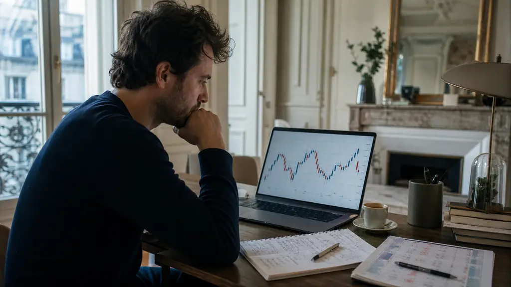 A part-time trader reviewing several-day forex candlestick charts on a laptop, with a handwritten stop-loss plan and an economic calendar beside the keyboard, editorial photography, no text, no logo