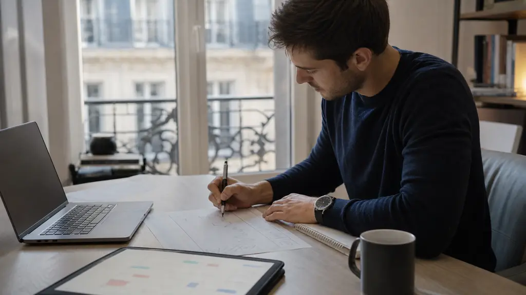 A trader filling out a printed setup sheet beside a laptop, marking an invalidation level and position size with an economic calendar open nearby, editorial photography, no text, no logo