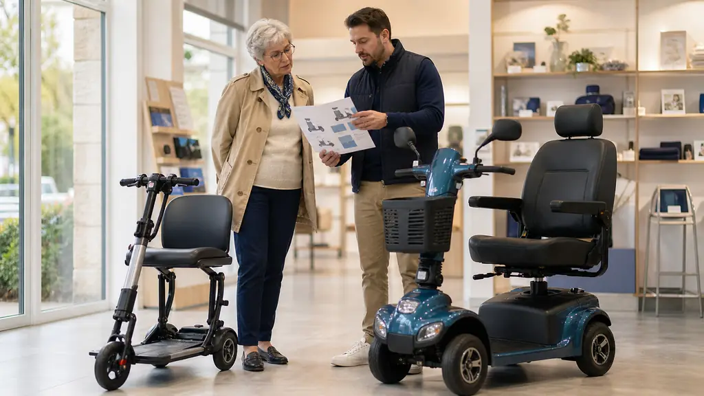 older adult comparing a compact foldable three-wheel mobility scooter and a larger four-wheel outdoor scooter inside a medical equipment showroom, supplier pointing to a product reference sheet, no text or logo