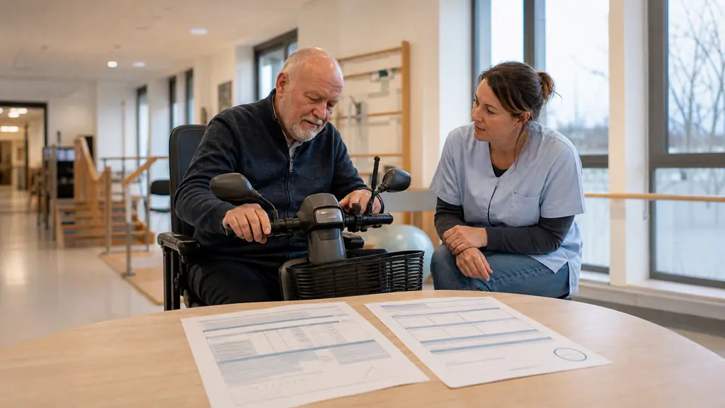 occupational therapist observing an older adult testing mobility scooter controls in a rehabilitation center, detailed quotation and aptitude certificate resting on a nearby table, no text or logo